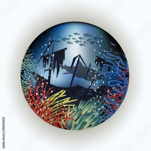 Underwater card and old ship, vector illustration