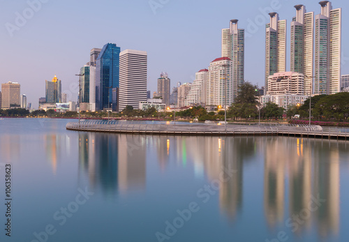 Office building with water reflection in public park