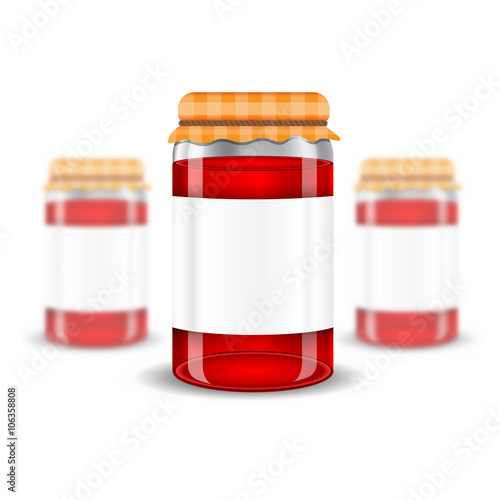 Three realistic mock up glass jar with jam home preservation on white background. Vector illustration one jar sharp and two jars depth of field