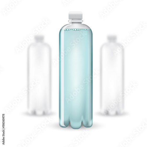 Three realistic mock up white plastic bottle with clean blue watter on white background. Vector illustration one bottle sharp and two bottles depth of field