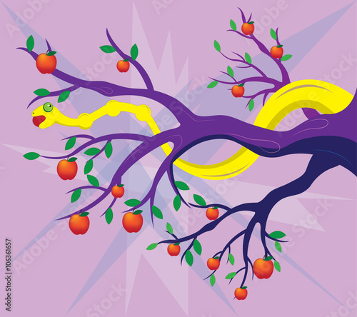 The yellow snake on a tree, eats red apples. 