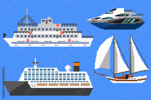 Set of passenger ships and boats. Pixel art vector illustration