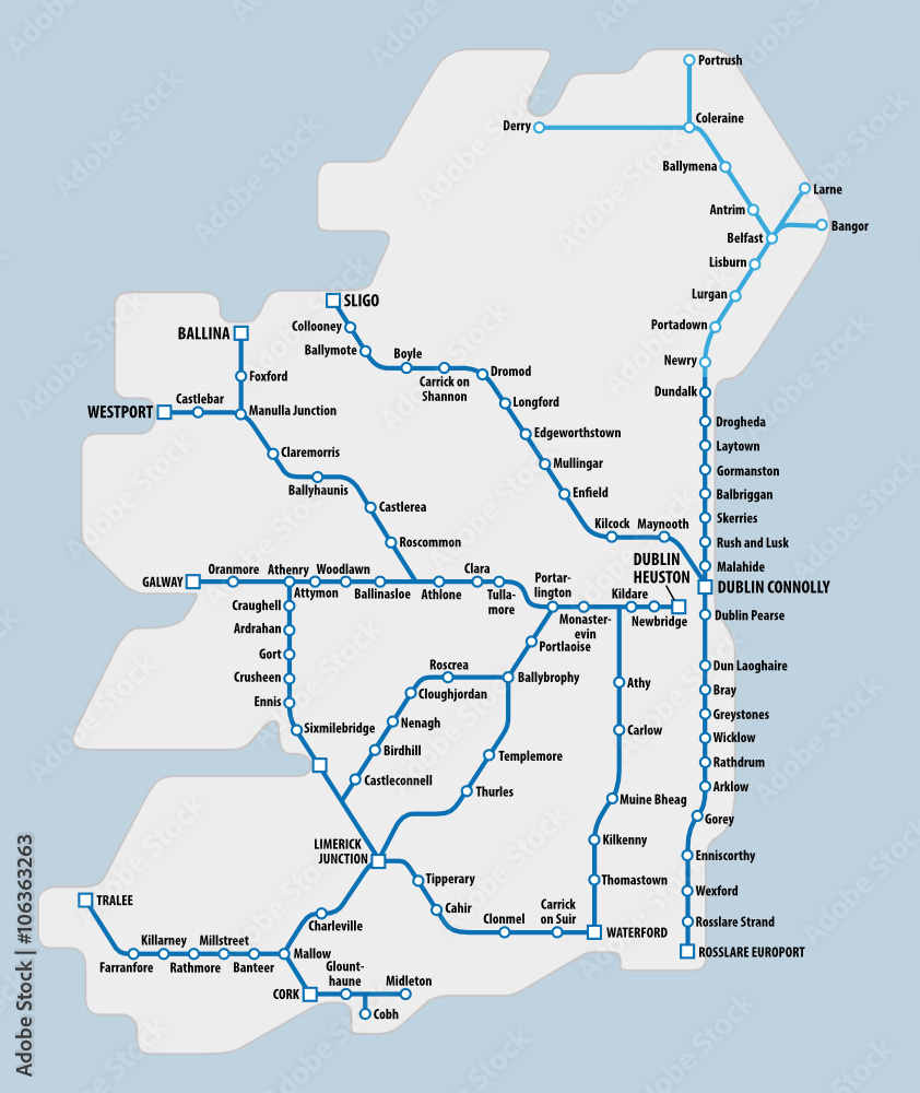 map of ireland with schematic railway route network Stock Vector ...