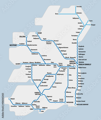 map of ireland with schematic railway route network