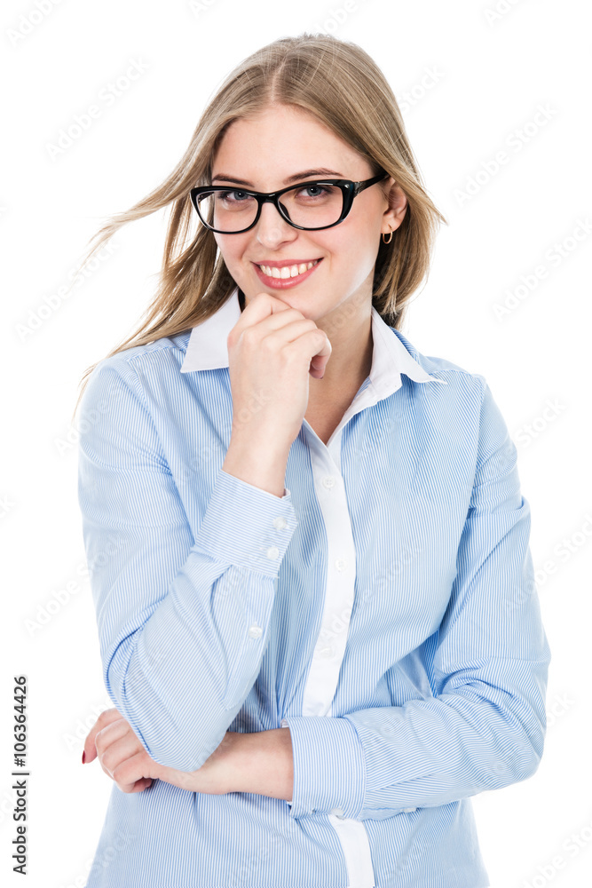 Cute Girl With Glasses - This is a photo of a cute young girl with glasses smiling at the camera in shirt. Shot on an isolated white background.