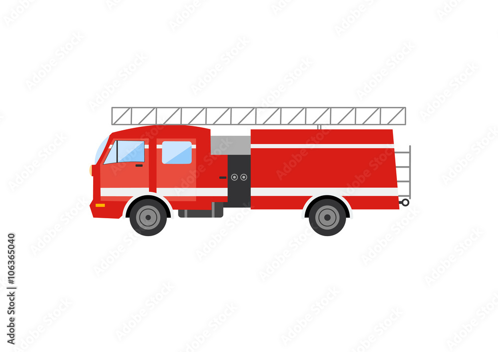 Side view of a red fire truck. Vector illustration of a fire engine. Side view of a red fire truck. Vector illustration of a fire engine.