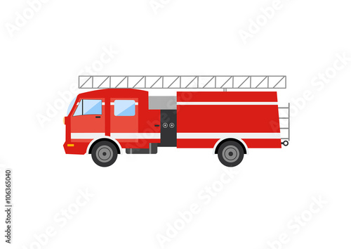Side view of a red fire truck. Vector illustration of a fire engine.