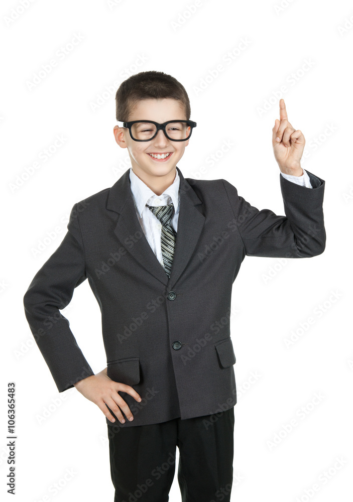 happy boy student raised his finger. Boy in glasses smiling. I have an idea. happy boy student raised his finger. Boy in glasses smiling. I have an idea.
