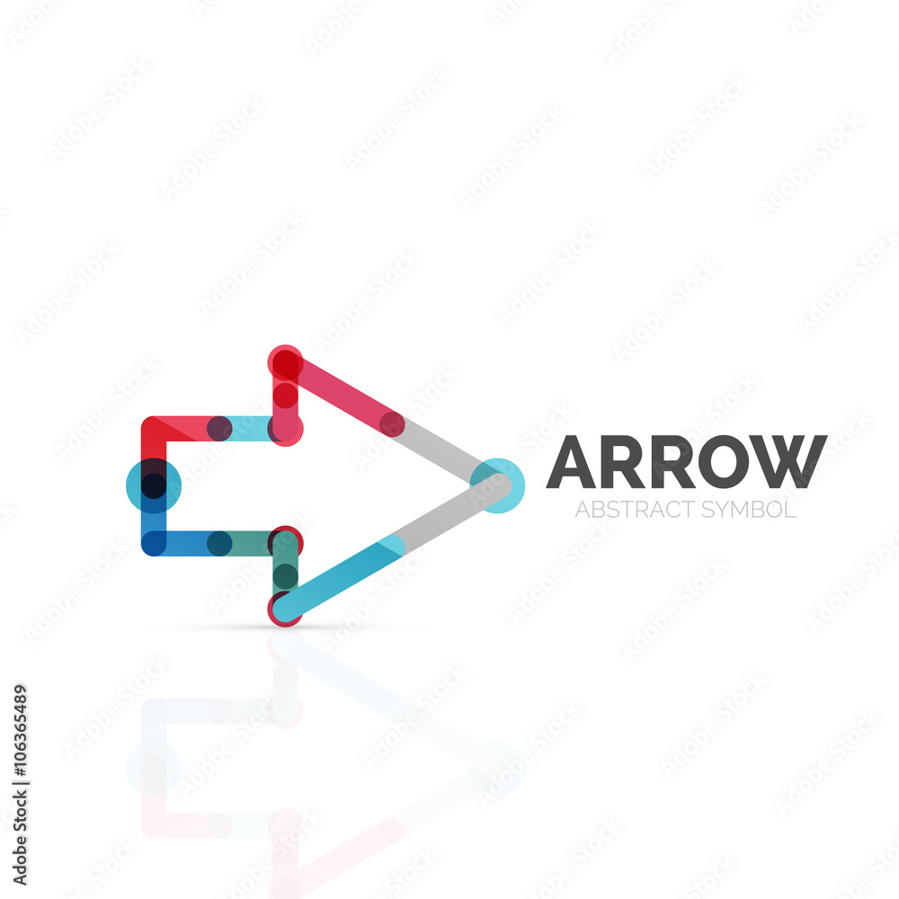 Linear arrow abstract logo, connected multicolored segments of lines in directional pointer figure Linear arrow abstract logo, connected multicolored segments of lines in directional pointer figure