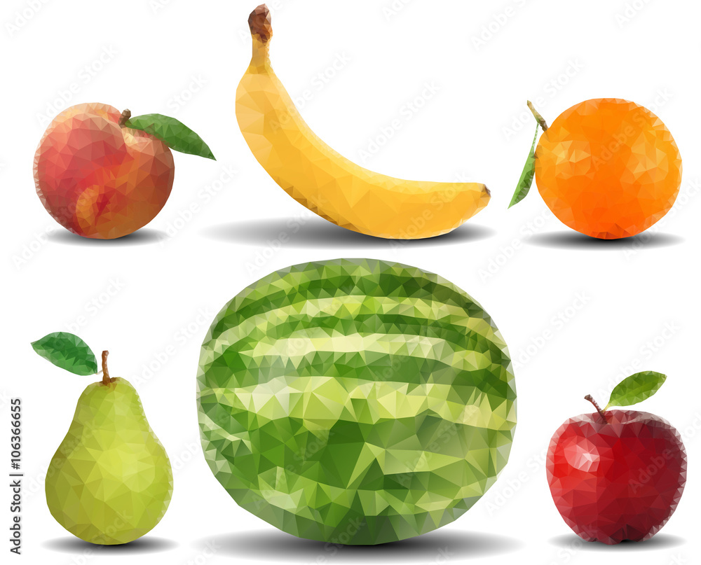 Fruit drawn in the polygonal style. 6 pieces Fruit drawn in the polygonal style. 6 pieces