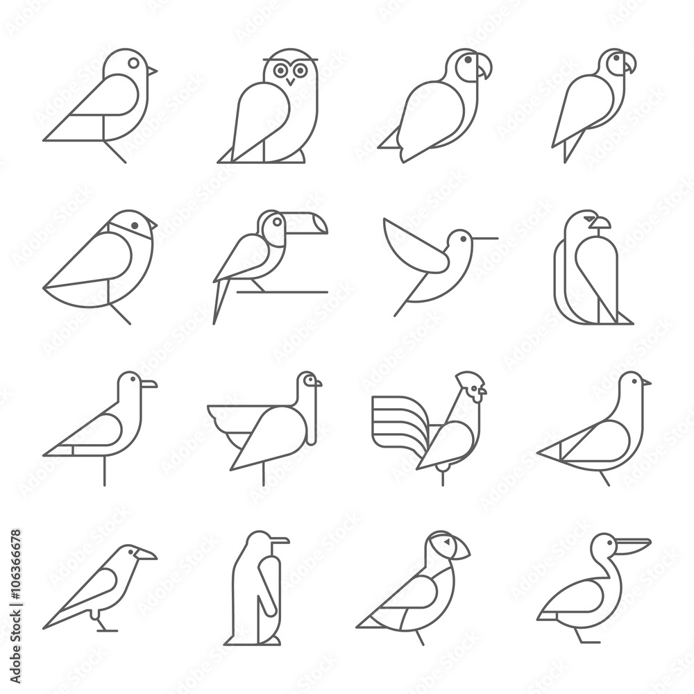 Naklejka premium Bird icons, thin line style, flat design