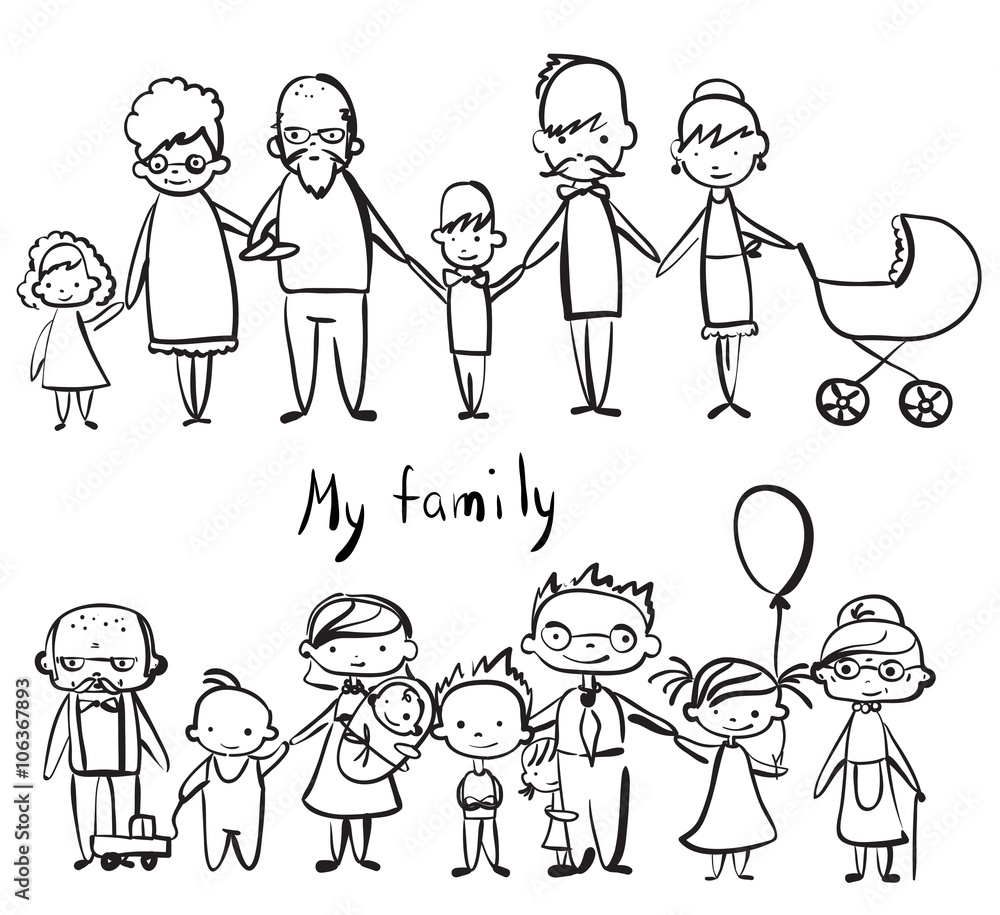 Vector children's doodle of happy family. Happy family holding hands and smiling Vector children's doodle of happy family. Happy family holding hands and smiling