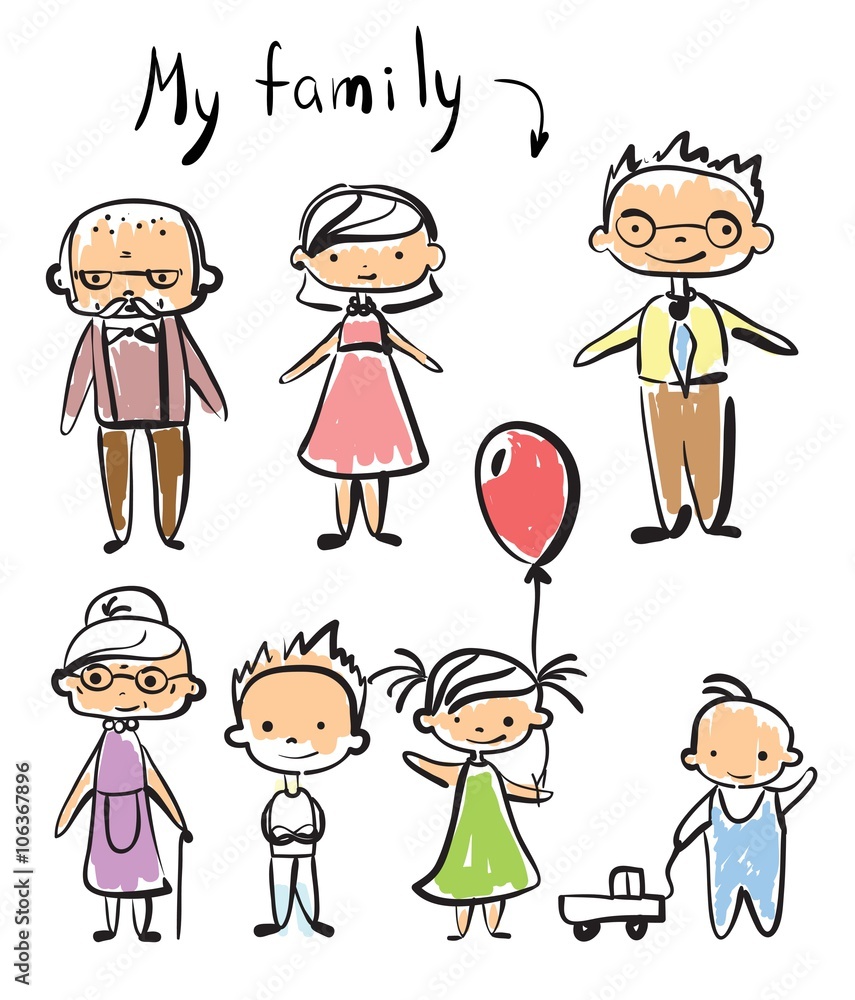 Vector children's doodle of happy family. Happy family holding hands and smiling Vector children's doodle of happy family. Happy family holding hands and smiling