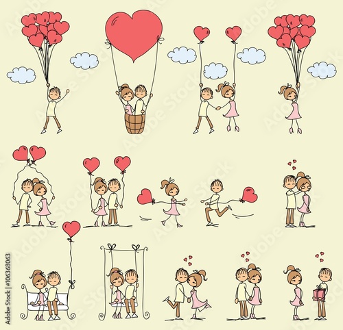 Valentine doodle boy and girl in love. Vector line illustration