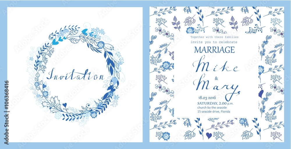 Doodle line design of wedding invitation, cards with floral elements and lettering