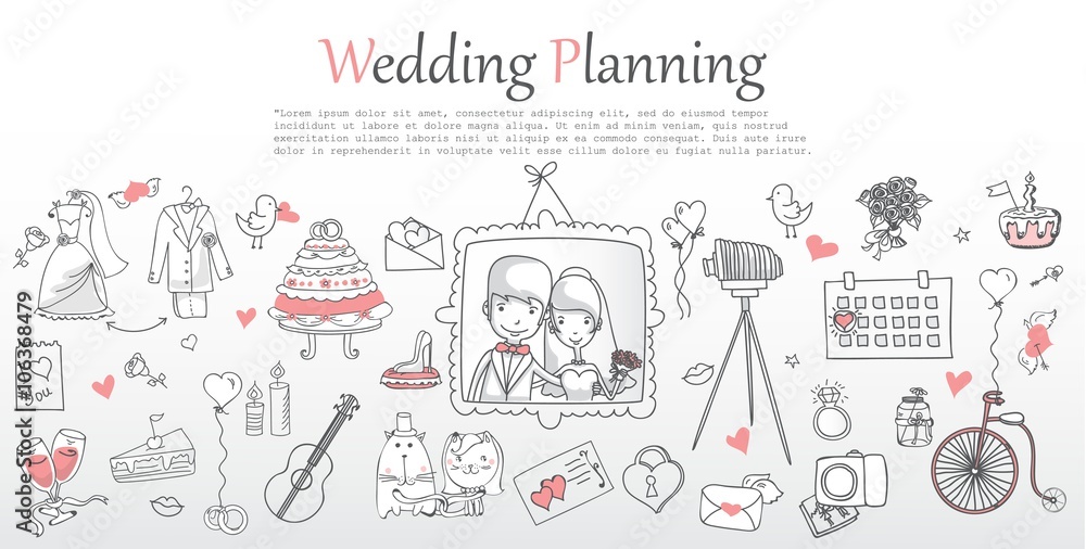 Doodle line design of web banner template with outline cartoon wedding icons. Wedding Planner Icons, Infographics and invitation. Doodle line design of web banner template with outline cartoon wedding icons. Wedding Planner Icons, Infographics and invitation.