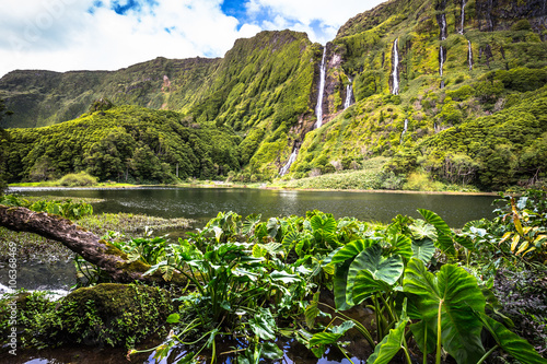 Azores landscape with waterfalls and cliffs in Flores island. Po photo