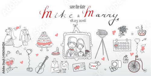 Doodle line design of web banner template with outline cartoon wedding icons. Wedding Planner Icons , Infographics and invitation.