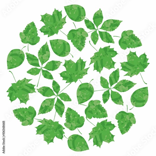vector illustration of green leaves in the shape of a circle. Elegant round border for greeting card, postcard, invitation, festive banner, flyer, poster. Vector illustration.