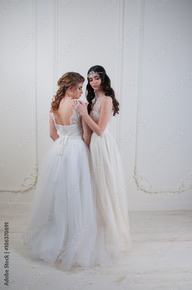 Two young gorgeous brides. Wedding. Studio shot. Two young gorgeous brides. Wedding. Studio shot.