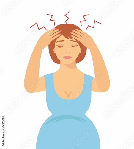illustration of a pregnant woman with a headache. symptoms of pregnancy