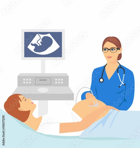 Pregnant woman lying on the couch. pregnant woman doing ultrasound. Vector illustration of a pregnant doing ultrasonography.The doctor makes uzi