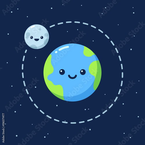 Cute cartoon Earth with Moon