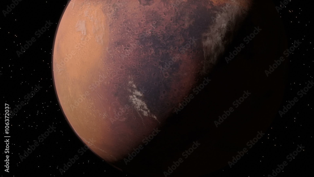 Mars flyby, starting on the daylight side and finishing on a silhouette of the planet
