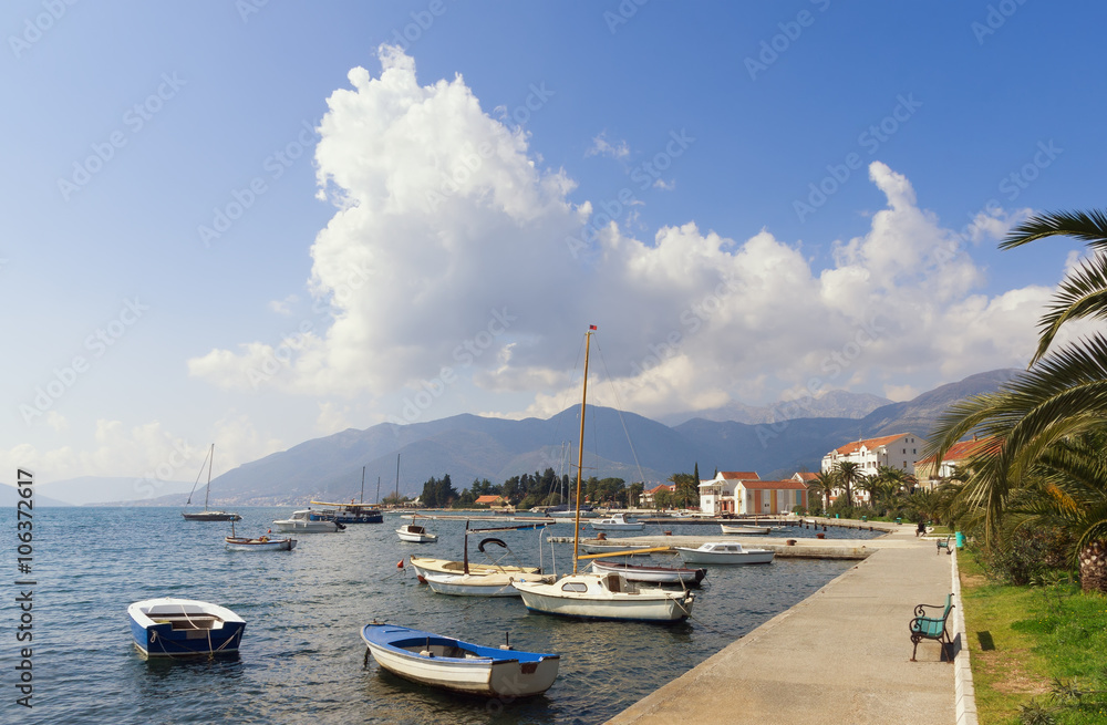 Montenegro. View of Bay of Kotor and embankment of Seljanovo village (near Tivat city)