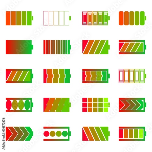 Set of different colored icons color batteries with charge indicator in a row side by side and one below the other on a white background