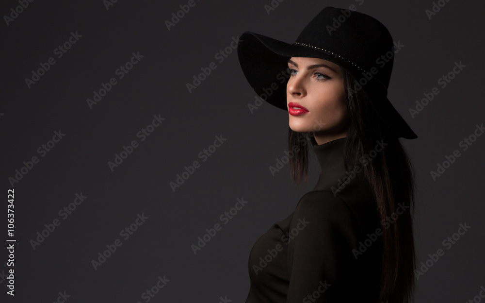 Fashion portrait of young beautiful woman model in casual wear. Black boots, hat and black dress. Copy space. Fashion portrait of young beautiful woman model in casual wear. Black boots, hat and black dress. Copy space.