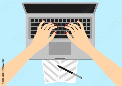 Vector Illustration: women in the workplace. Hands desks laptop screen vector illustration of business people. Top View angle above the office