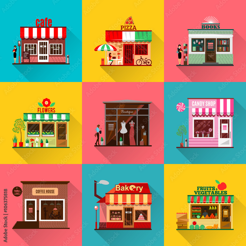 Set of flat shop building facades icons with shadow