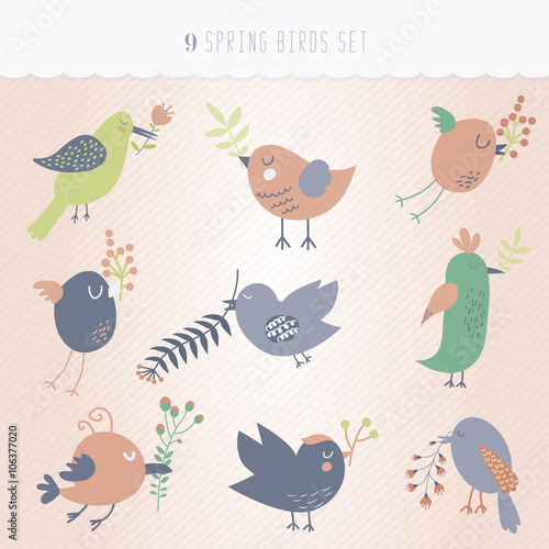 Set of nine spring cute birds © Vshyukova