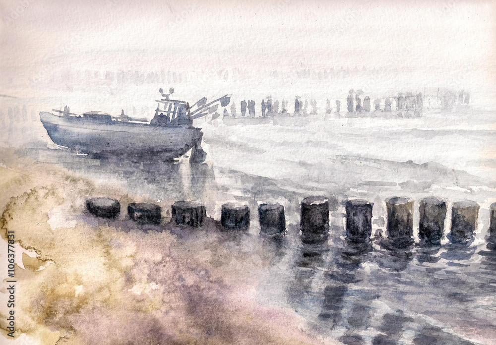 Obraz Łódź rybacka cumująca podczas mgły. Obraz utworzony za pomocą akwarel