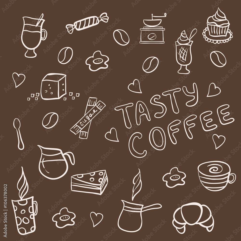 Set of tasty coffee hand drawn doodles