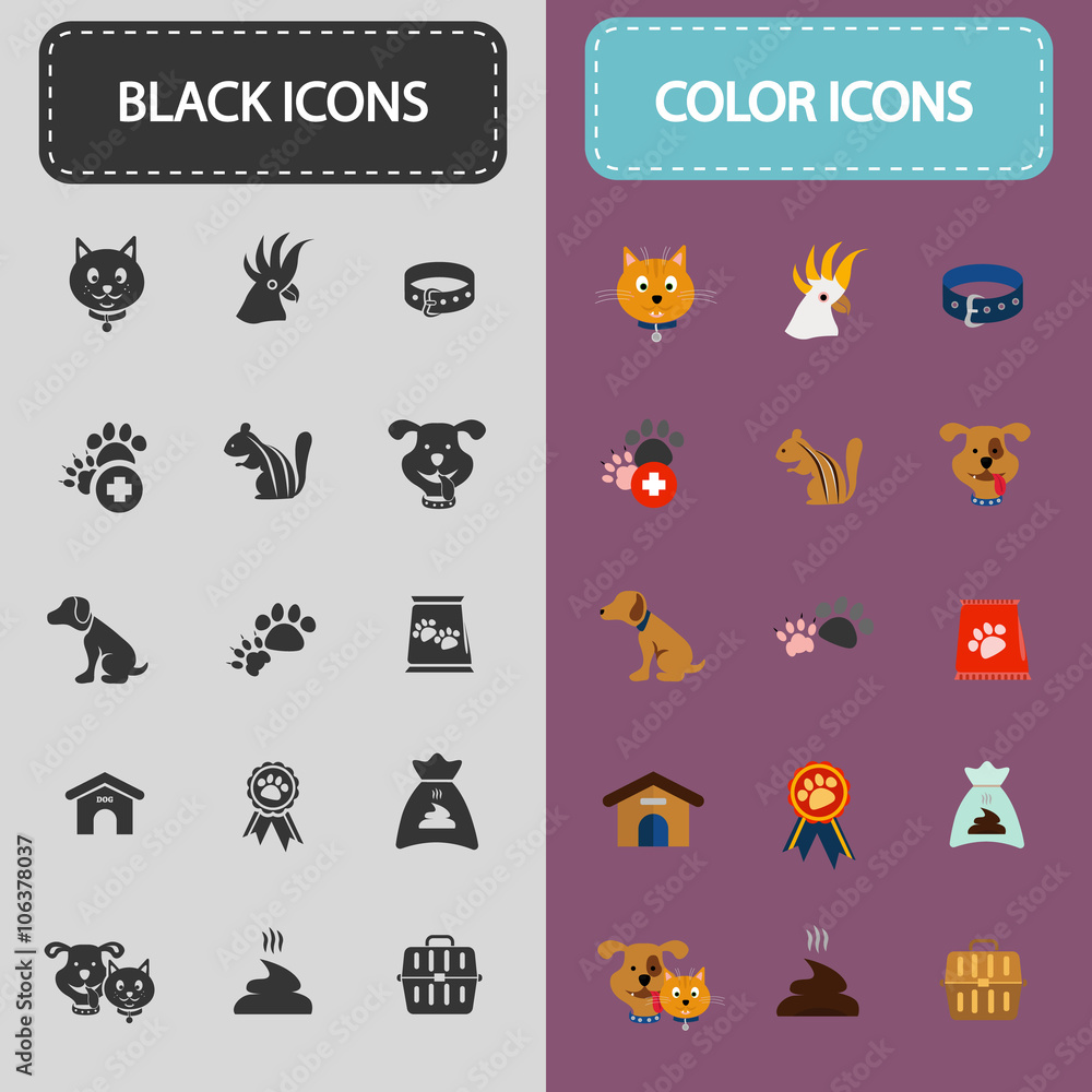 Set of thirty black and color veterinary icons
