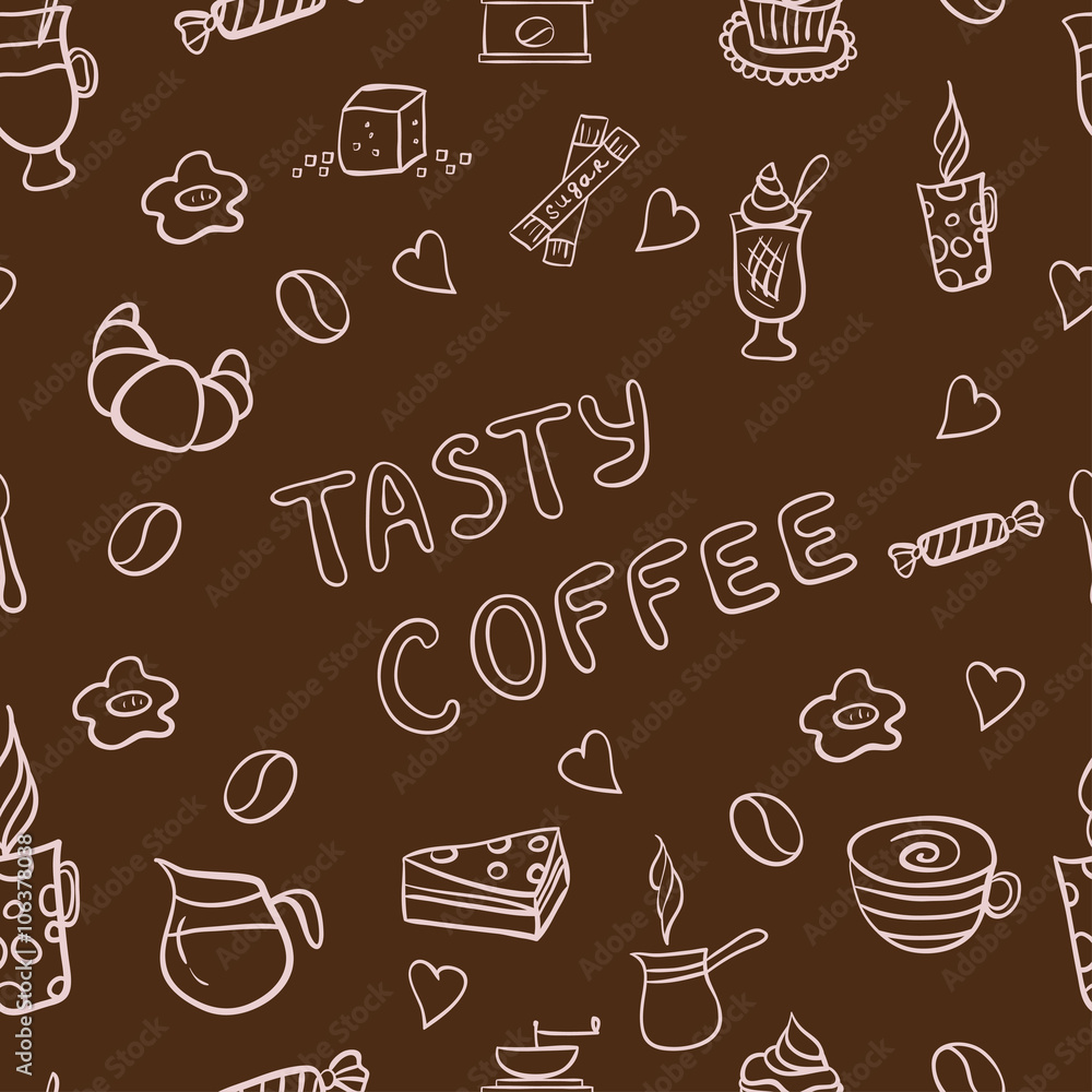 Vector seamless pattern of tasty coffee hand drawn doodles