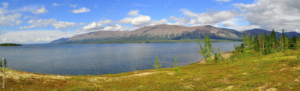 Panorama mountain lakes on the Putorana plateau.