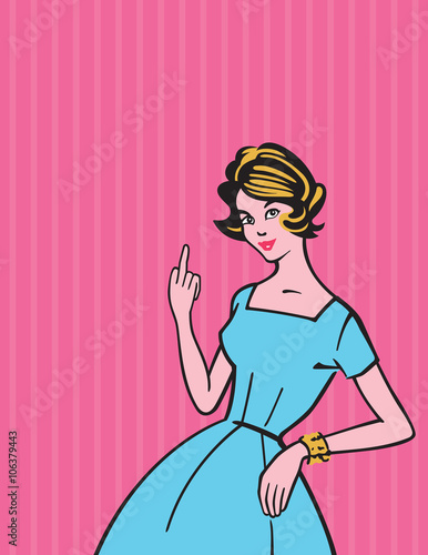 Rude Housewife. Vector illustration with stereotypical retro 1950s housewife making a rude gesture or giving the finger.