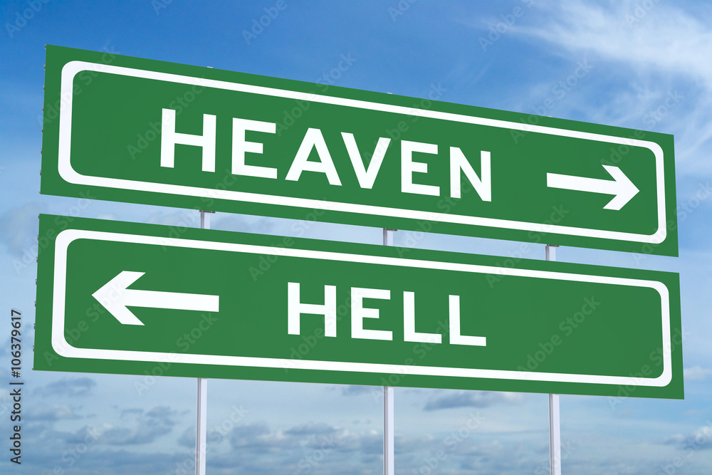 Heaven or Hell concept on the road signpost, 3D rendering