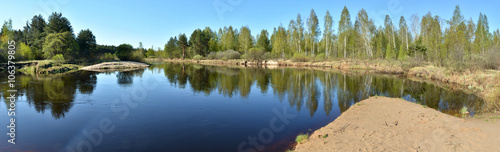 Panorama spring forest river.
