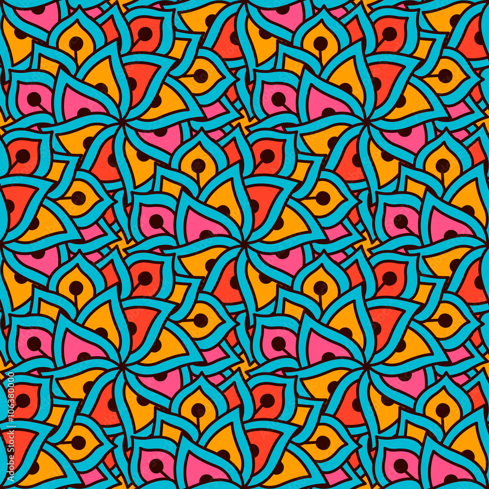 Hand drawn seamless pattern with floral elements. Colorful ethnic background.