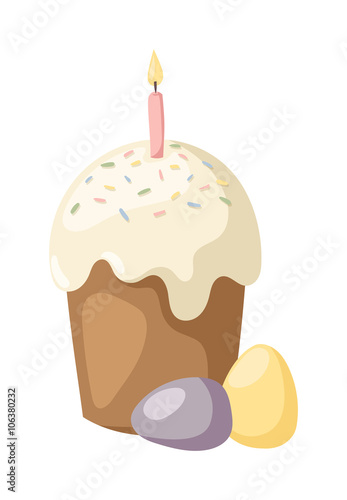 Traditional easter cake white sweet icing, sprinkles, holliday burning candle and colorful egg vector.