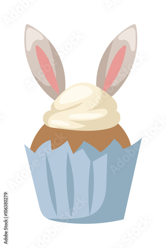 Traditional easter bunny cake white sweet icing  sprinkles  holliday burning candle and colorful egg vector.