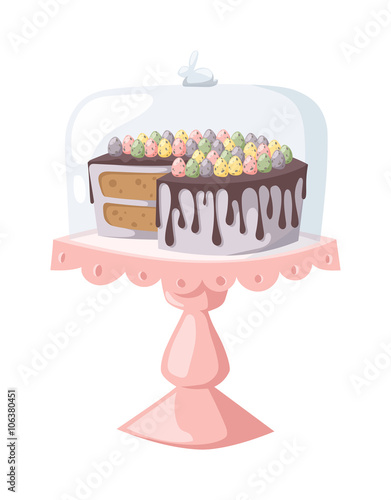 Traditional easter cake white sweet icing, sprinkles, holliday burning candle and colorful egg vector.