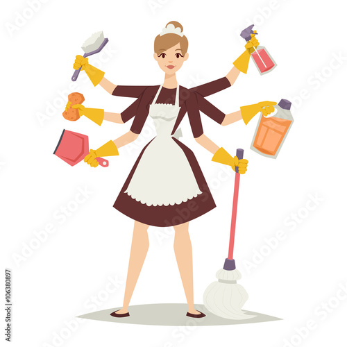 Housewife girl and home cleaning equipment icon in flat style vector illustration.