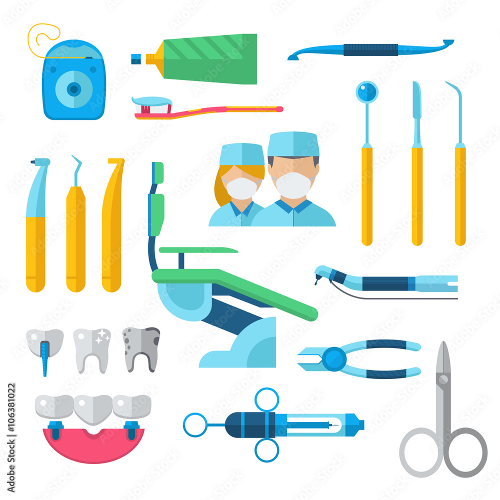 Flat dental instruments set dentist tools concept vector illustration. Flat dental instruments set dentist tools concept vector illustration.