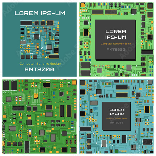Computer chip electronic circuit board with processor flat vector illustration set. 