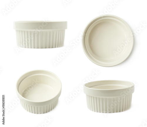 Porcelain souffle ramekin dish isolated photo